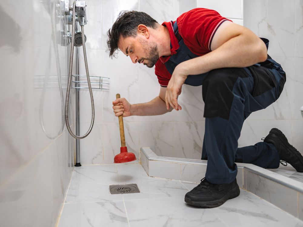 Técnico usando desentupidor em banheiro residencial, método inicial de como desentupir a rede de esgoto em ambientes internos.